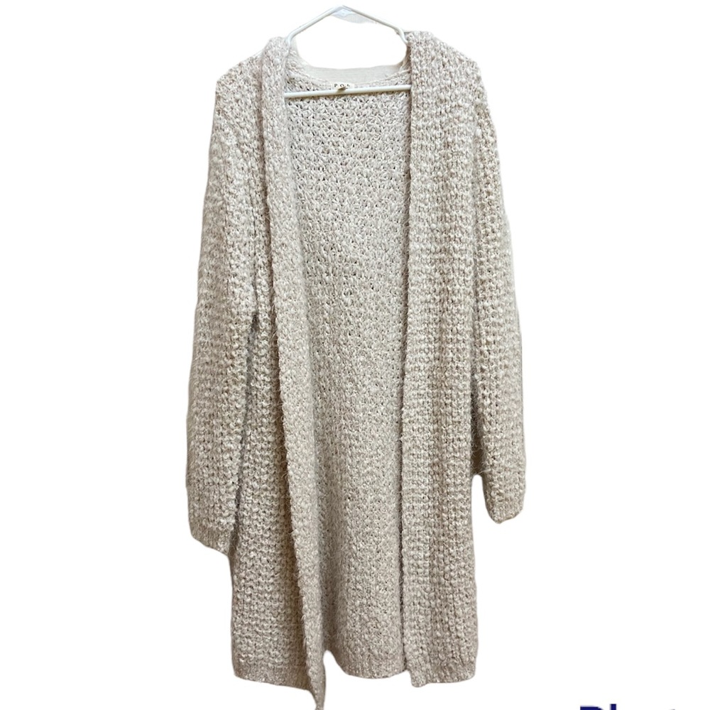 Pol ivory knit hooded long sleeved cardigan